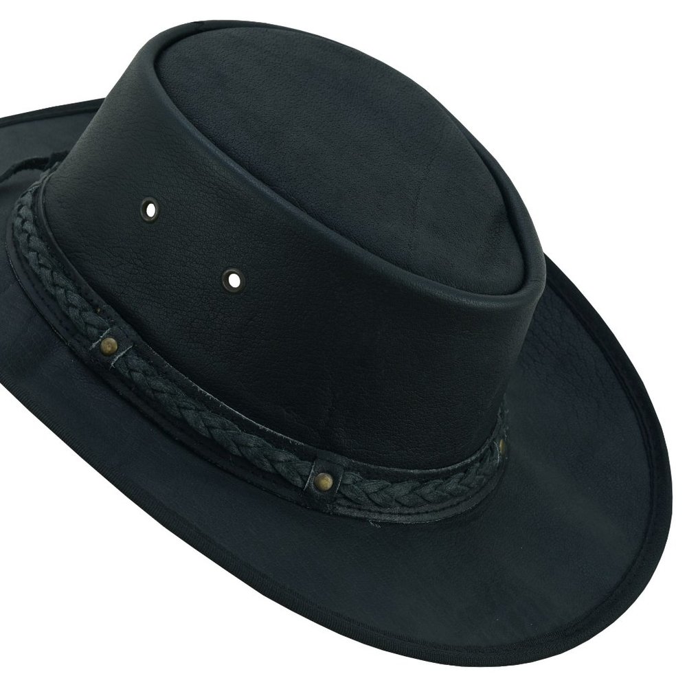 Lesa Collection Trekker Leather  Distressed Foldable Hat Cowboy Unisex Black